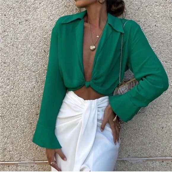 Zara Knotted Long Sleeve Blouse in Emerald Green - Picture 1 of 5
